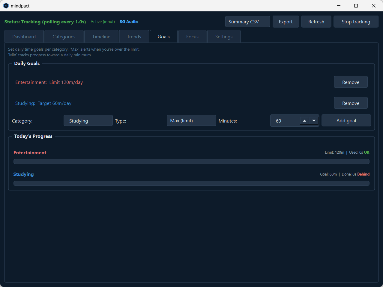 mindpact goals view showing daily targets for Entertainment (max 120 min), Studying (min 60 min), and Productivity (min 60 min) with progress bars